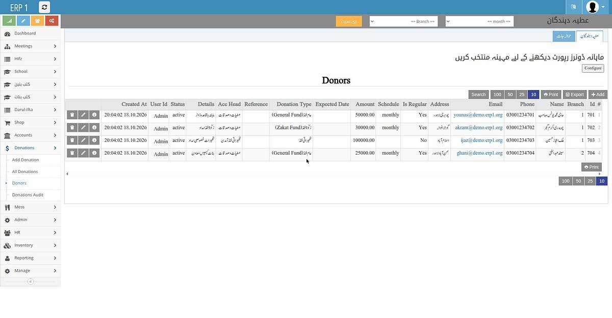 Donations & Philanthropy CRM — real screenshot from the ERP1 system